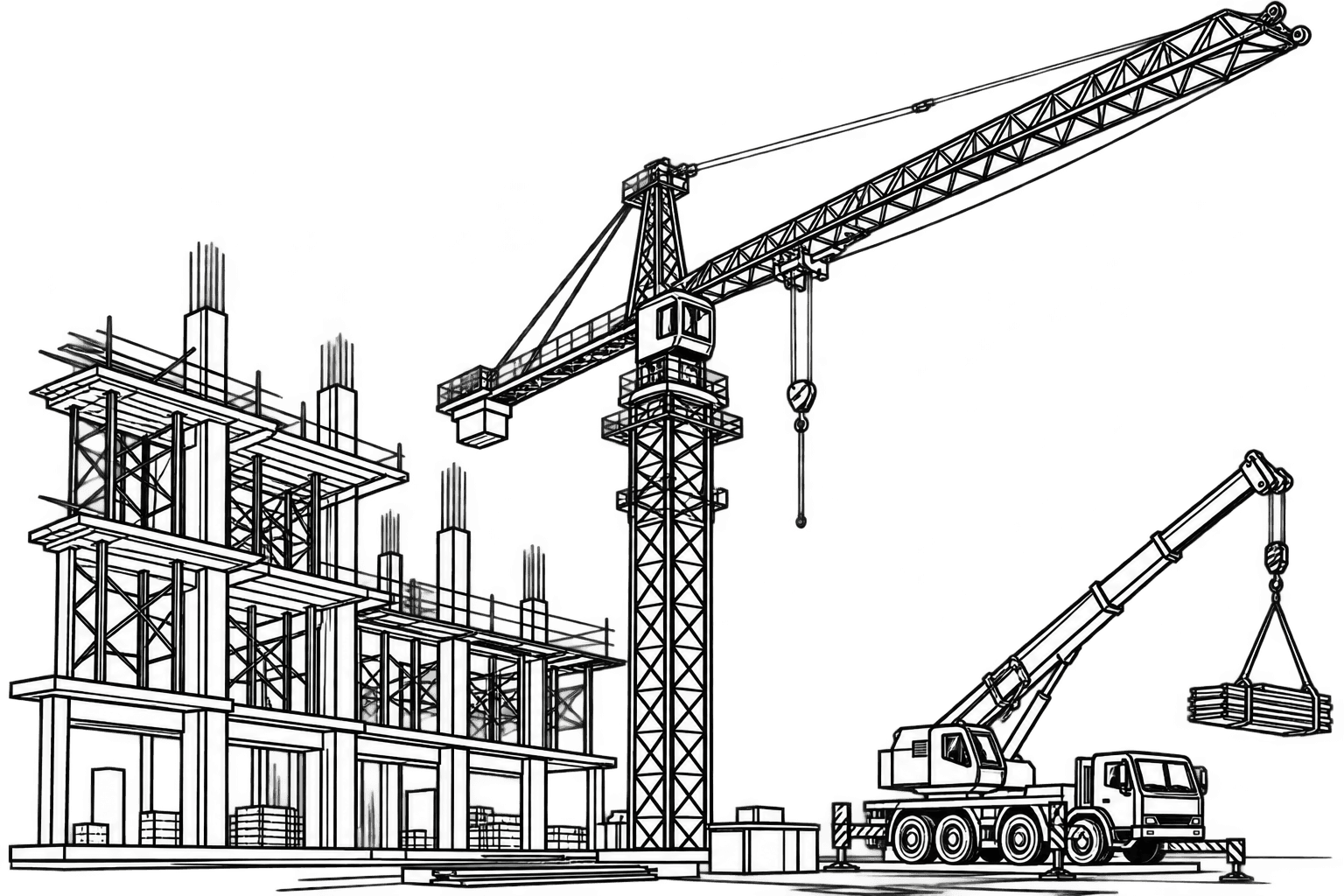 Line drawing of a building under construction with a tower crane and mobile crane on site