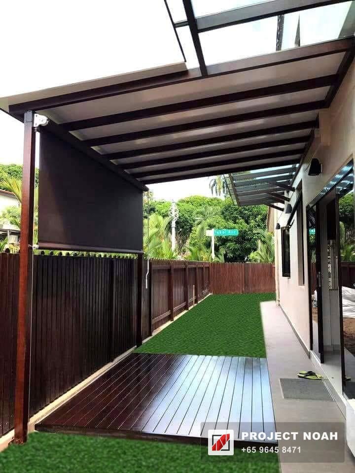 Covered side-yard walkway over a timber deck